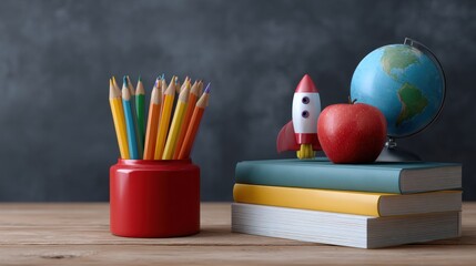 Colorful pencils, a globe, a rocket, and an apple on stacked books against a chalkboard background, symbolizing education and creativity.