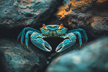 A crab framed perfectly between two jagged rocks forming a natural composition
