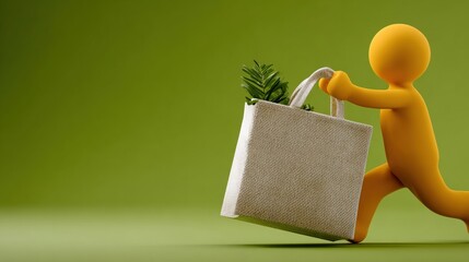 Orange figure carrying a tote bag with plants, set against a green background, symbolizing eco-friendly living and sustainability.