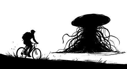Cyclist faces dark tree monster sketch. Ink drawing of figure on bike confronts shadowy, tentacled creature in desolate scene. Adventure, fear.