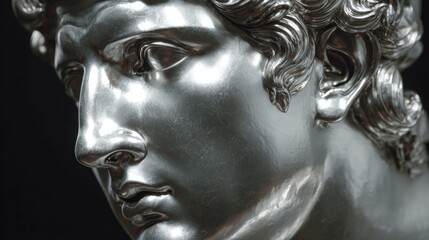 Close-up of a silver metallic sculpture head with detailed facial features and wavy hair, against a dark background.
