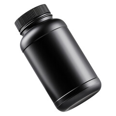 Black plastic pill or supplement container with screw cap isolated on white transparent background, concept of packaging and product branding