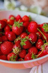 Fresh sweet strawberries in a white bowl on a white background. Seasonal berries.