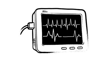 Cardiac monitor sketch with heart rhythm lines, drawing vector illustration