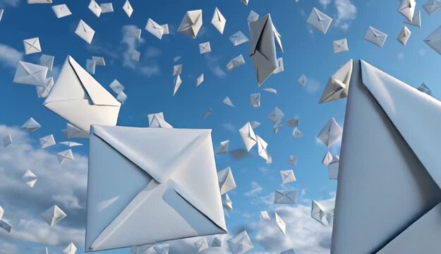 A video of a scene in which many white envelopes of letters float down into the blue sky