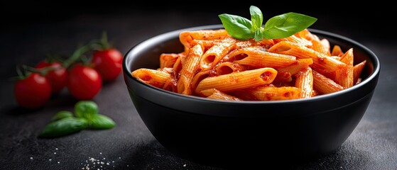 commercial food delivery concept. Delicious pasta dish topped with basil and surrounded by fresh tomatoes.