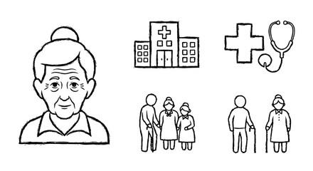 Elderly care sketch set. Old woman, hospital, medicine, family. Drawn elderly couple, cane and assistance. Health concept. Vector illustration
