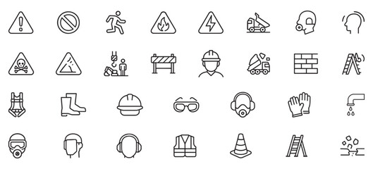 Construction Site Hazard Line Icons – Unique Safety Glyph Icon Pack for Industrial, Engineering & Workplace Use