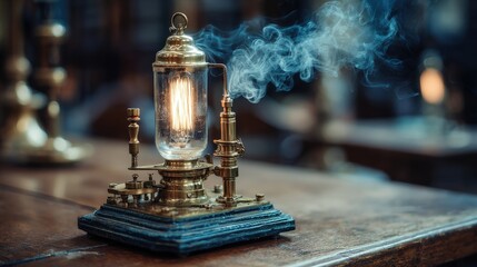 A vintage brass steam engine lamp emits a warm glow on a wooden table, surrounded by a smoky atmosphere, evoking a steampunk aesthetic.
