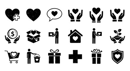 Heart grunge hand drawn donate icon set. Love charity, box and coin support symbols. Help medical, volunteer silhouette vector illustration