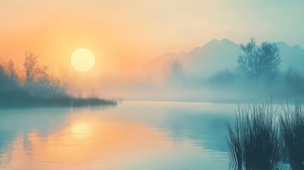 Foggy sunrise over a lake with a calm and peaceful atmosphere