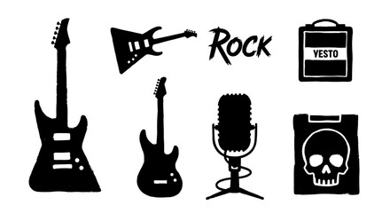 Music star doodle icon rock set. Hand drawn music sketch guitar, microphone, skull. Fun music doodle grunge elements. Vector illustration