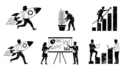 Business sketch rocket growth icon set. Hand drawn elements for startup, marketing, and success. Chart, teamwork, progress in chalkboard design.