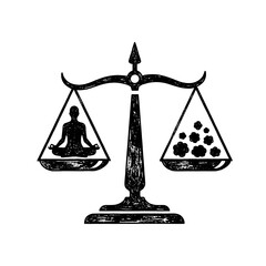 Balance scale shows person meditating over pollution, sketch style