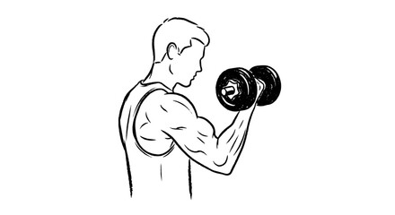 Man dumbbell sketch gym workout sport. Hand drawn strong body building athletic fit arm curl. Vector illustration