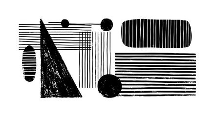 Brush stroke grunge abstract geometric element set. Hand drawn triangle, circle, lines ink brush doodle pattern. Vector illustration