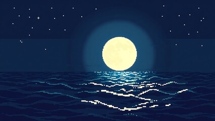 8-bit pixel art of a glowing full moon rising over a still ocean, shimmering moonlight reflecting in pixel waves, deep navy sky with retro stars, nostalgic color palette