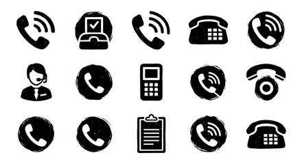 Phone brush hand drawn vector set. Telephone doodle, receiver, communication elements in brush stroke ink style. Simple call silhouette set for paint art. Vector illustration
