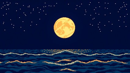 8-bit pixel art of a glowing full moon rising over calm ocean waves, retro color palette, starry night sky