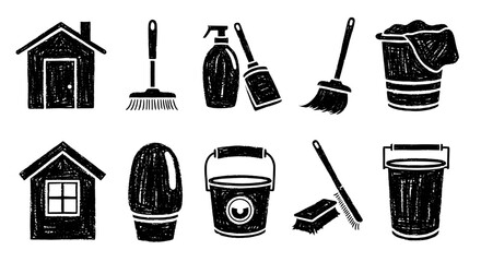 Cleaning supplies brush hand drawn sketch doodle. Bucket, broom, spray, sponge, cloth, mop in grunge style. Home cleaning tools icon, illustration