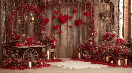 Fototapeta premium Romantic rustic setting with red heart decorations, flowers, and candles against a wooden backdrop, creating a warm and intimate ambiance.