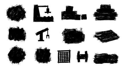 Industry sketch icon brush set. Grunge construction crane, cargo, metal H bar hand drawn doodle brush stroke manufacturing art. Vector illustration.