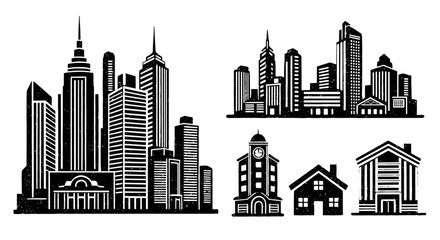 City buildings sketch vector set. Hand drawn doodle building elements in ink brush style. Simple abstract house silhouette for architecture black paint art. Vector illustration