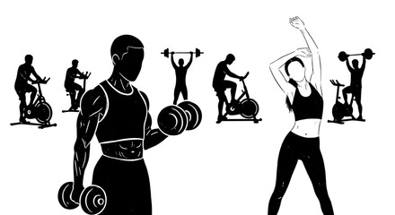 Fitness sketch set. Gym people lift weights, exercise bike, stretch silhouette. Hand drawn doodle workout sport concept vector illustration.