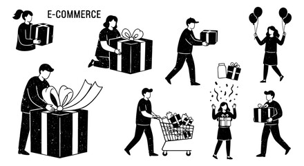 E-commerce sketch people gift icon set. Hand drawn doodle box, delivery, shopping elements in brush sketch style. Happy celebration icon. Vector illustration