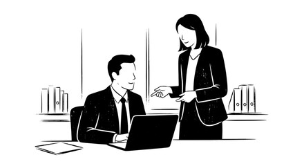 Business team sketch: Woman advises man at laptop in office.