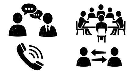 People discussion group icon set, hand drawn meeting talk call exchange symbol, brush texture illustration