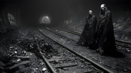 Old Railway Tracks in Foggy Night – Mysterious Steel Path into the Distance