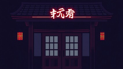 8-bit pixel art of a glowing red neon sign 定食屋 above traditional Japanese doors, darkened surroundings and silence