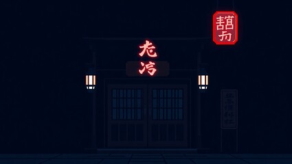 8-bit pixel art of a glowing red neon sign 定食屋 above traditional Japanese doors, darkened surroundings and silence