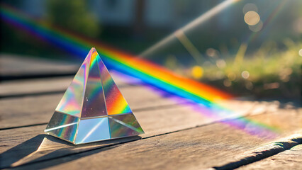 Prism of Light  Refraction and Rainbow Display on Wooden Surface in Sunlight