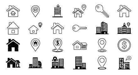 Real estate icon sketch set. Hand drawn house, building, key, location for property business sale, rent in doodle style. Vector illustration