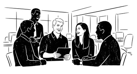 Team smiles in office meeting w tablet. Coworkers chat, standing & seated. Happy, diverse group. Business discussion, teamwork. Modern workspace.