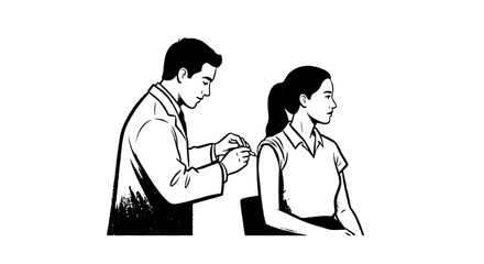 Doctor hand drawn vaccination illustration. Medical injection with needle drawing, medicine, patient in sketch doodle art. Vector illustration