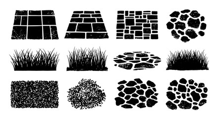 Garden design texture set. Stone, grass, bush vector brush. Hand drawn vector illustration