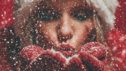 Woman wearing red gloves and a Santa hat blows snowflakes in a festive winter scene.