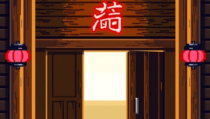8-bit pixel art close-up of wooden teishokuya door, red neon 定食屋 kanji above, soft interior light glowing