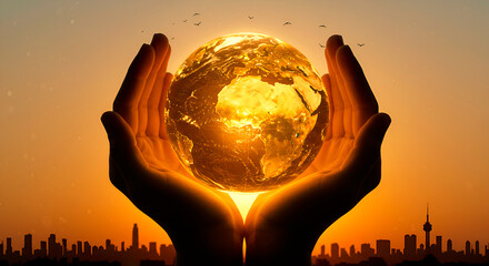 Hands holding globe, glowing model of planet Earth, against cityscape and colorful sunset sky with birds