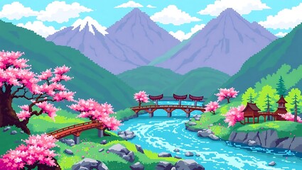 8-bit pixel art depicting a serene Japanese river winding through mountains, surrounded by sakura trees and stone bridges
