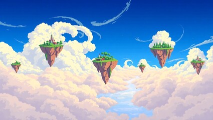 8-bit pixel art floating sky islands surrounded by swirling clouds, clear blue sky backdrop, serene magical setting