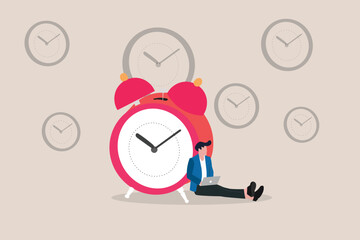 Businessman sitting on clocks, organizing time, planning tasks and scheduling. Concept of effective self organization and management control