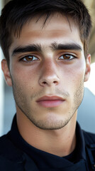Obraz premium Close-up of a young man with a square face, short dark hair, and serious brown eyes, dressed in a police officer's uniform, standing guard.