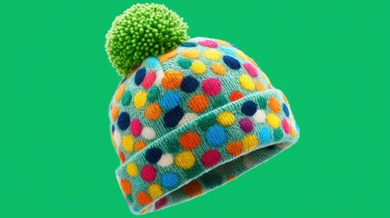 Colorful polka dot knit hat with a green pom-pom on a vibrant green background.