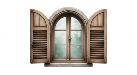 An old wooden arched window with open shutters revealing a soft green hazy view isolated on transparent background