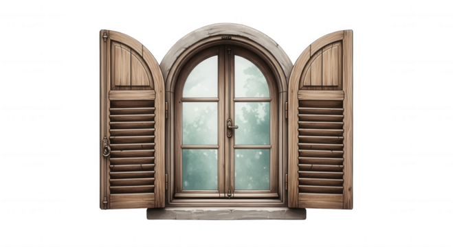 An old wooden arched window with open shutters revealing a soft green hazy view isolated on transparent background