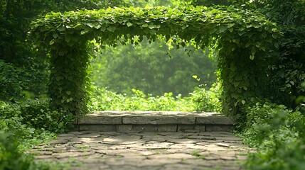 Stone pathway leads through lush green vine covered garden archway